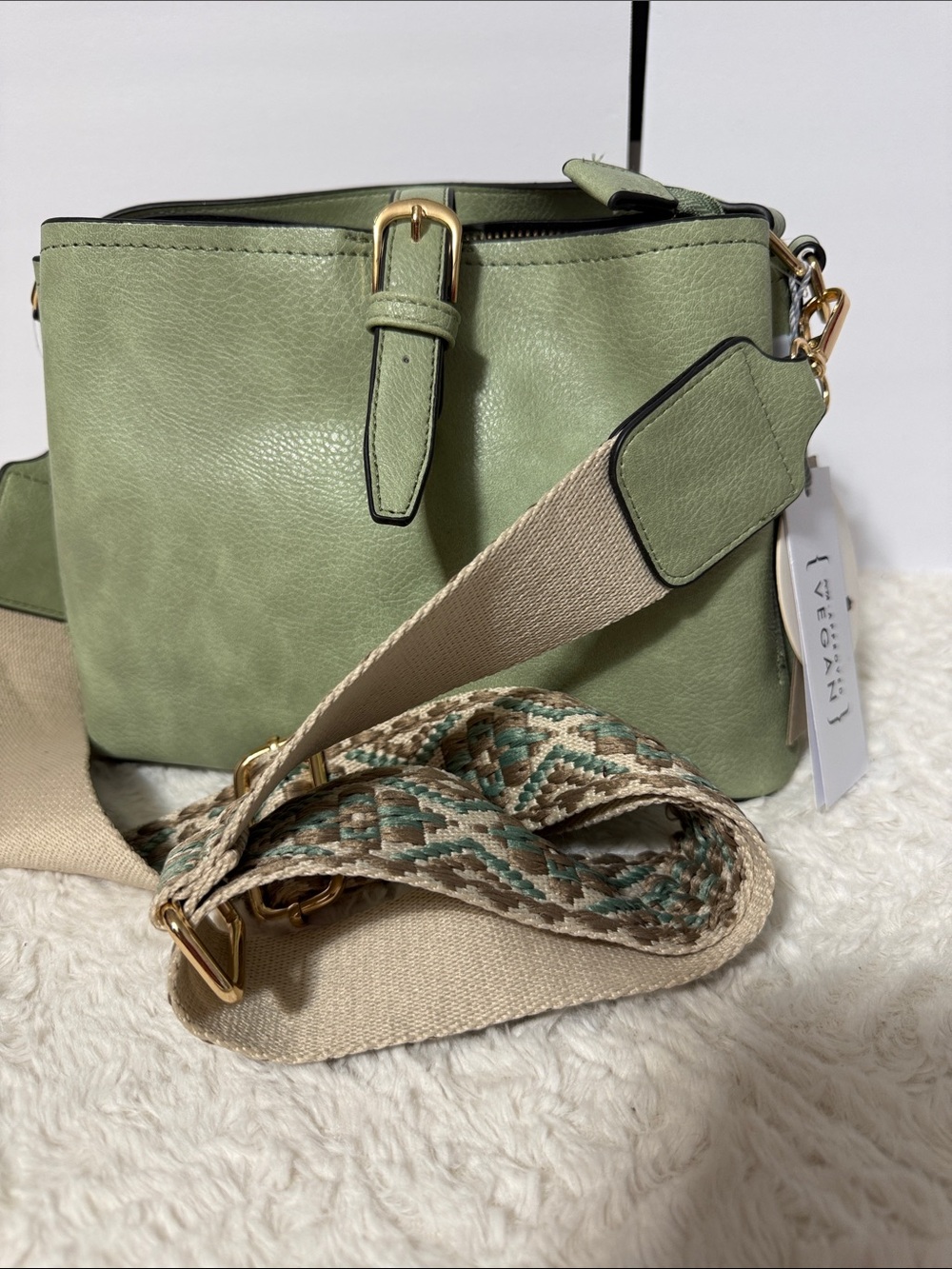 Calin collection sage green Vegan crossbody bag wide strap with tag